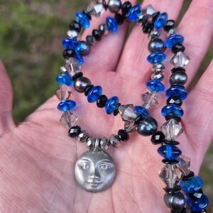 Handmade Glass Pearl Moon Goddess Face Celestial Necklace